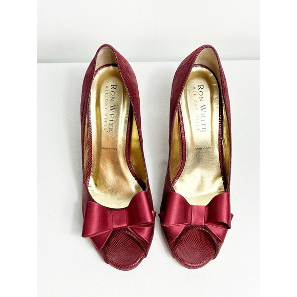Ron White Fiona Embossed Suede Bow Peep Toe Pump in Crimson - Sz 39.5 - Picture 4 of 12